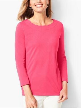 Talbots Pima Cotton Scallop-Neck 3/4 Sleeve Top- Pink, Size Petite Small